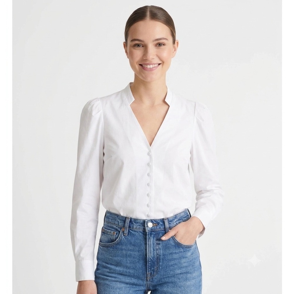 Madewell Top Womens XS White V Neck Puff Sleeve Blouse Tie Button‎ Cotton NY535